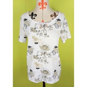 WHITE STAG Women's L Short Sleeve  Scoop Neck White Floral Textured Top Tee EUC